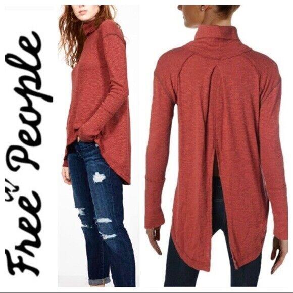 NWT Free People Small Red Orange Split Back Turtleneck Knit Top Tunic OB536113 - Picture 6 of 10